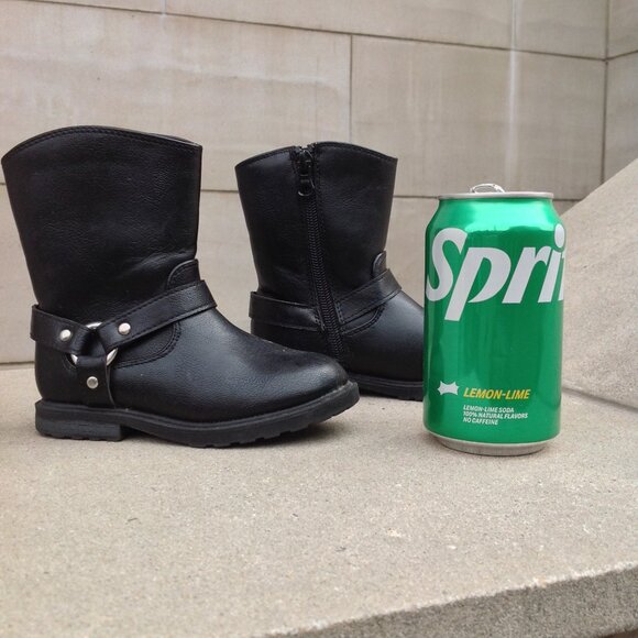 Cat & Jack Black Boots Size 8 w Side Strap+ Metal Silver Ring - Picture 5 of 16